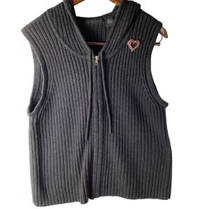 Relativity Black Knit Sleeveless Hooded Zip Up Vest Cardigan Women XL Heart Pin